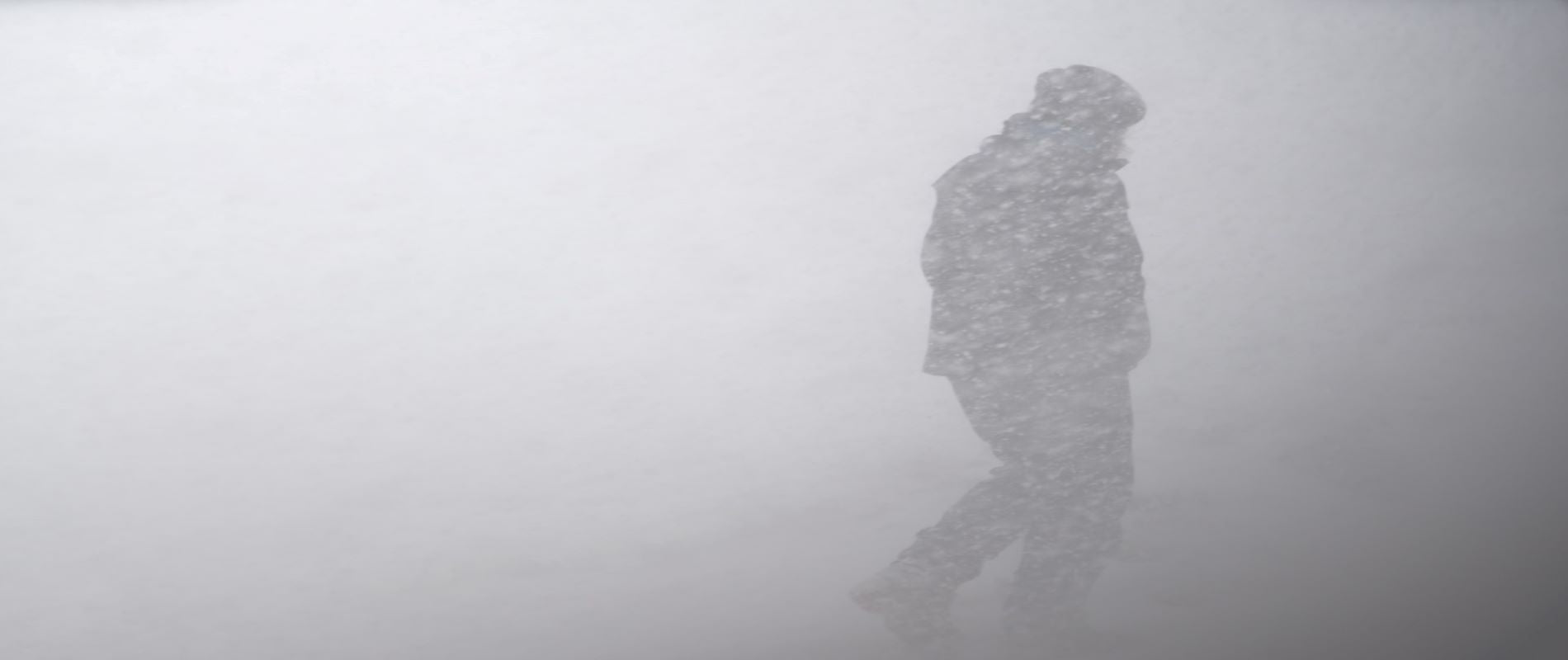 Person walking against the wind in a whiteout snowsquall snowstorm.