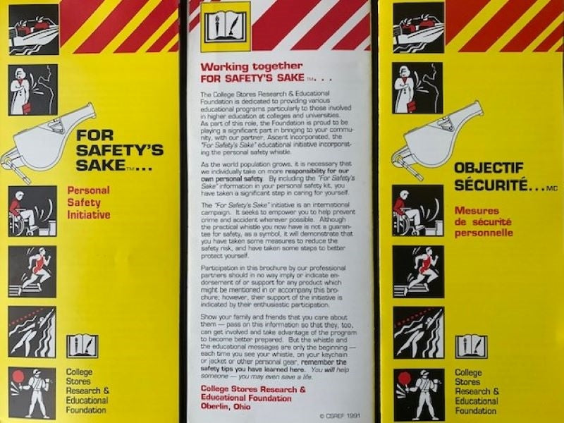 'For Safety's Sake Personal Safety Initiatives - College Campus multi-safety program brochure in both English and French.