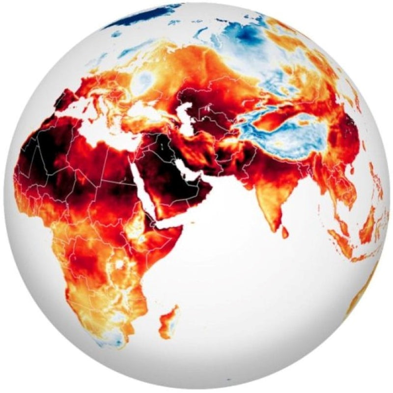 Natural Disaster Heat Wave globe map - global warming - World view globe depicting heat wave, heat dome, severe weather patterns across the world. 