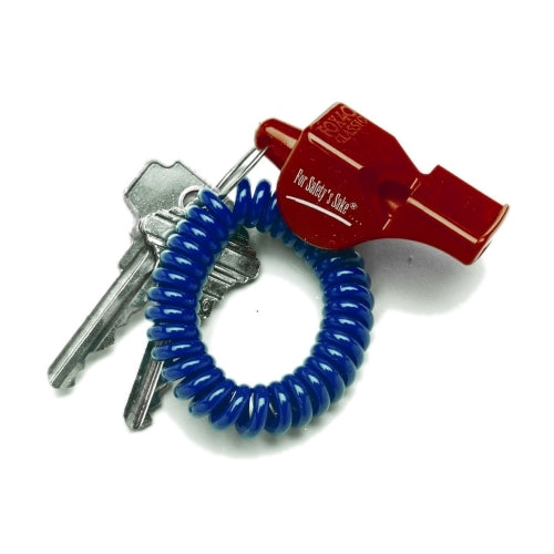 Pea-less &#39;classic&#39; red safety whistle on key ring with blue wrist coil for carry.  For emergency use - search and rescue. Penetrating high 115db. Use wet or dry.
