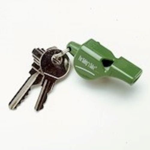 Pea-less &#39;mini&#39;  green safety whistles on key ring. For safety&#39;s Sake logo - for search and rescue emergencies. Penetrating high 109db. Use wet or dry.